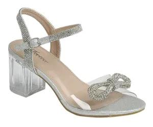 Women's Clear Rhinestone Embellished Bow & Ankle Strap Dress Block Heels