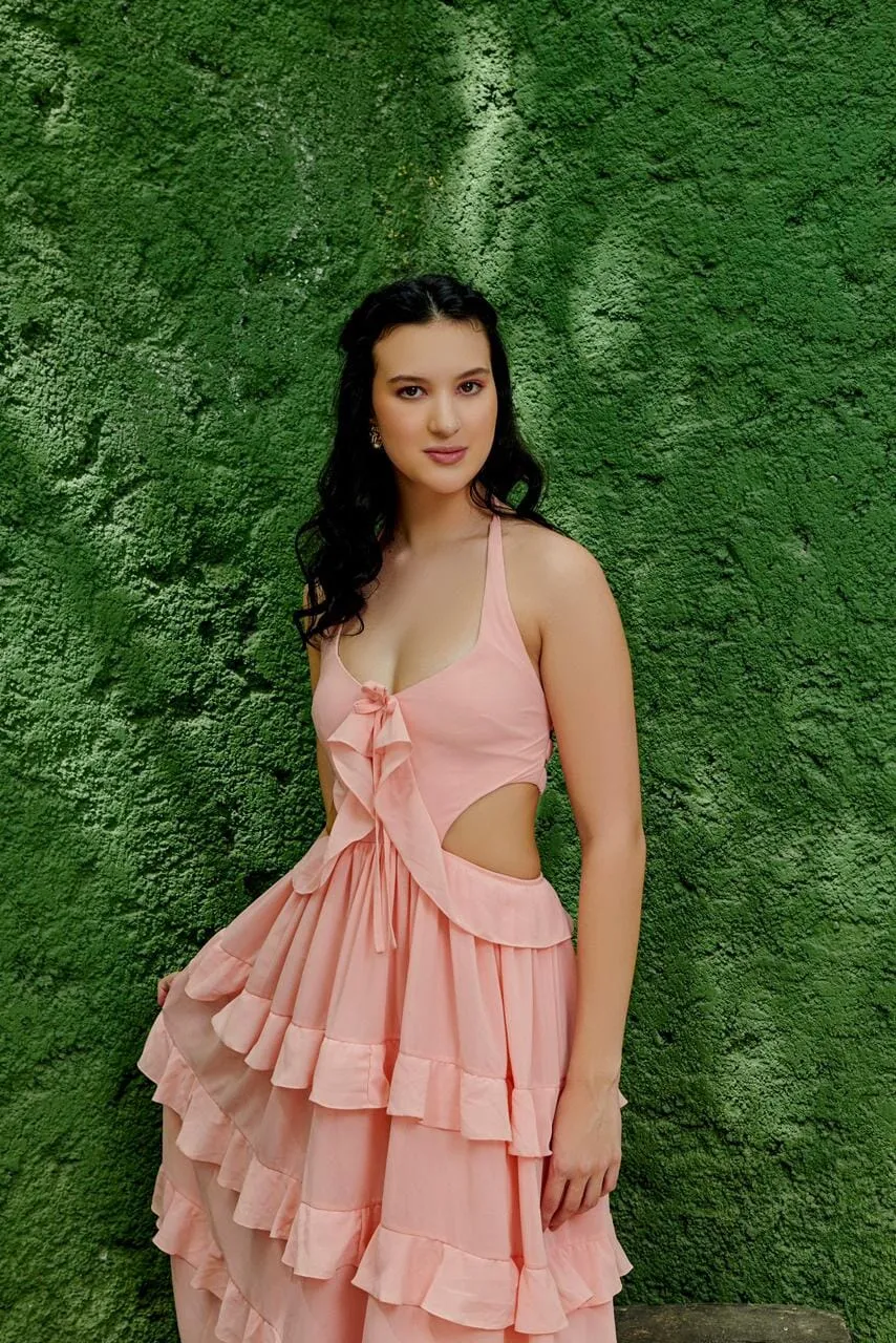 Wrapped in frills- peach midi dress