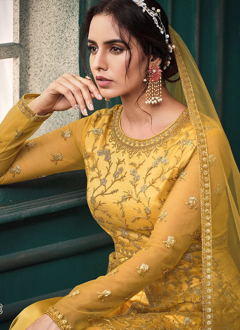 Yellow Traditional Embroidered Layered Indian Anarkali Suit