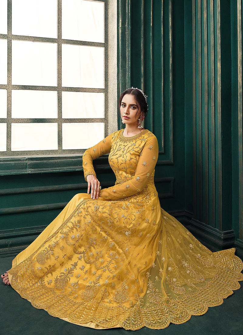 Yellow Traditional Embroidered Layered Indian Anarkali Suit