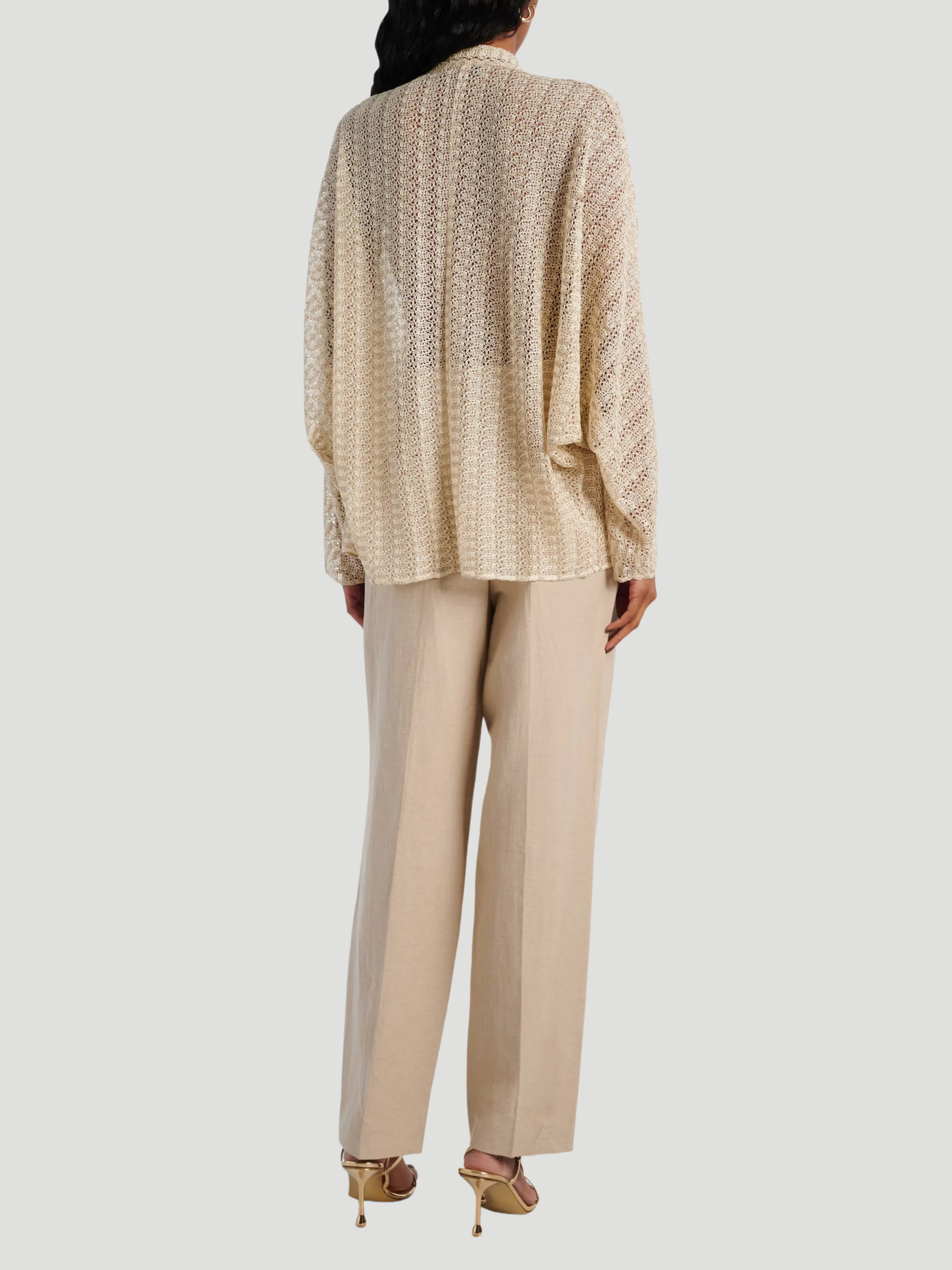 Zigzag Tie-Neck Lamé Blouse