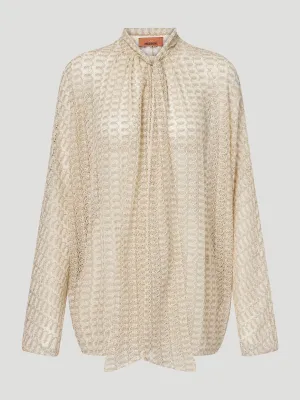Zigzag Tie-Neck Lamé Blouse