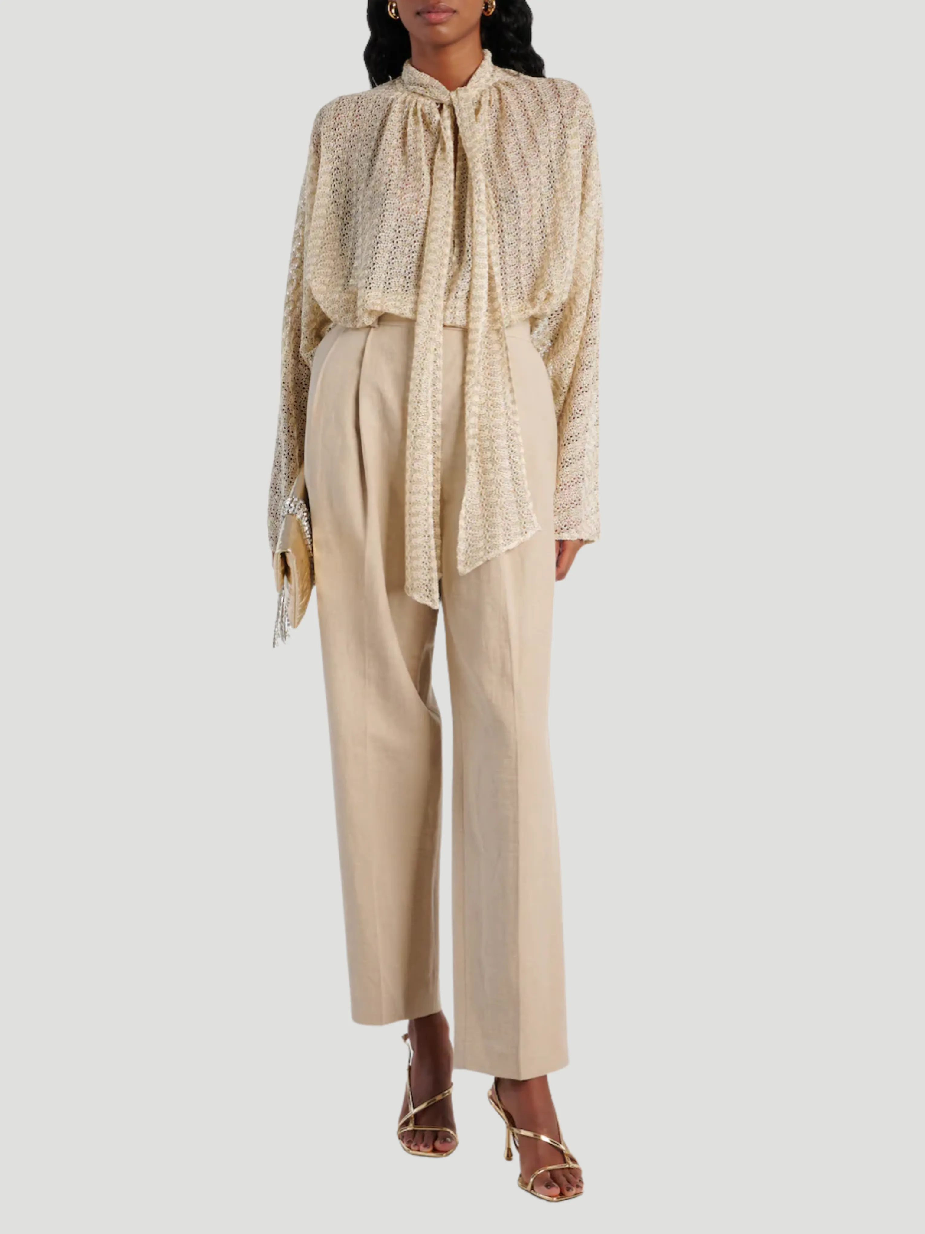 Zigzag Tie-Neck Lamé Blouse